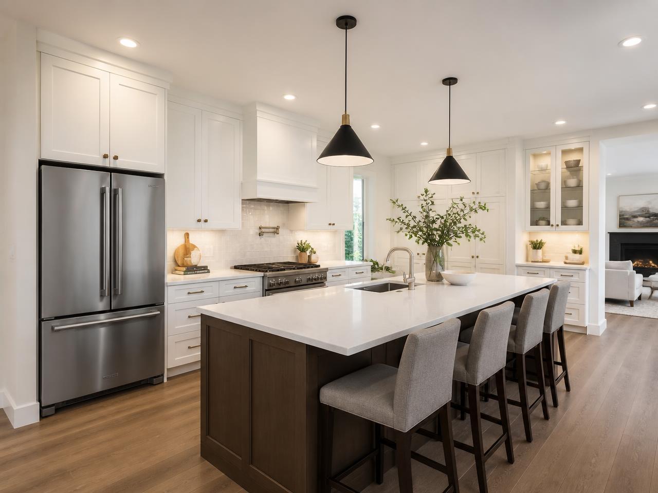 White shaker kitchen remodel with quartz counters and plank flooring by BMG Remodeling